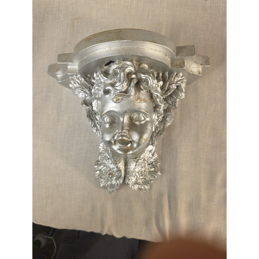 Vintage Cherub Wall Sconce Shelf Silver Resin Angel Decor 10" Wide Ornate Shelf
